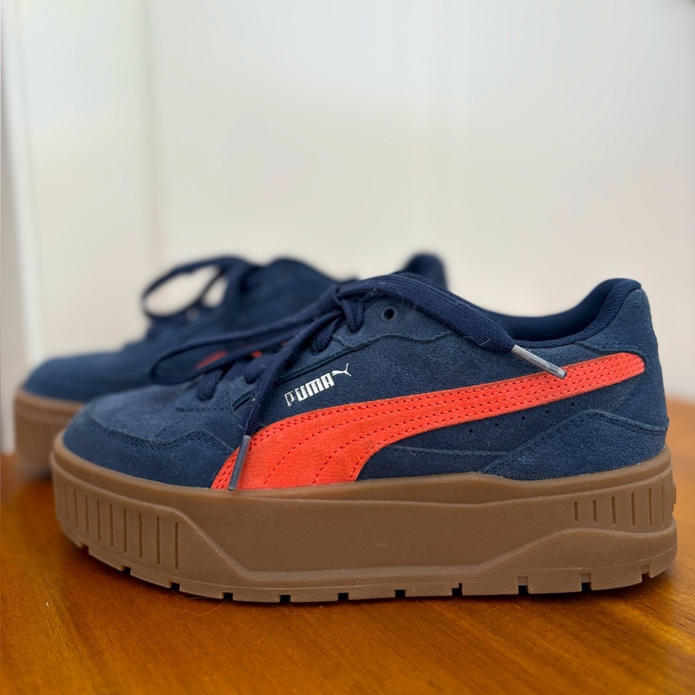Puma Women's Navy Suede Platform Sneaker with Red Accent